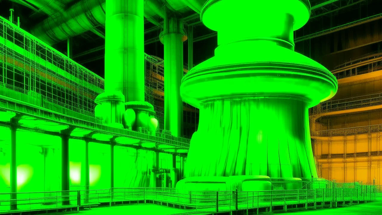 A neon green nuclear plant zone with toxic sludge designed in ancient Greek pottery painted by Antoni Gaudi