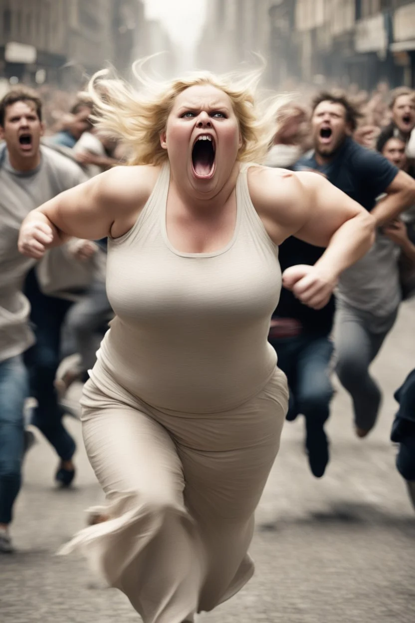 an obese terrified blonde woman running away from an angry mob of hundreds chasing her