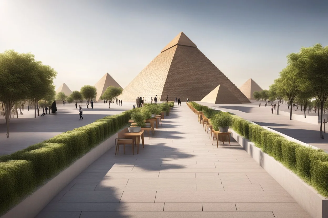 urban design tourist walkway with the pyramids , street seating , planters