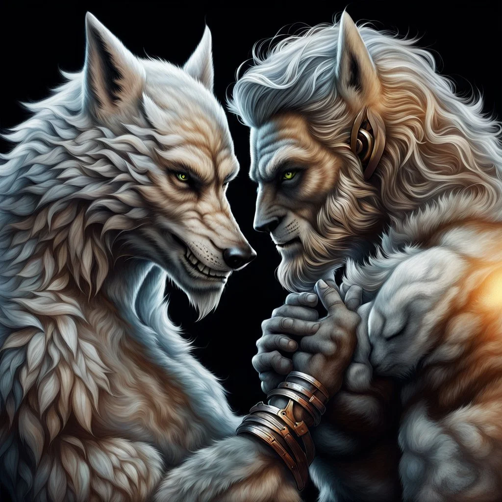 the anthropomorphic strong gray hairy body wolfman name Teo, holds between his paws the anthropomorphic pale hairy body wolfwoman's face , they look at each other, blur background, high detalied, high realistic, sci-fi and fantasy mood