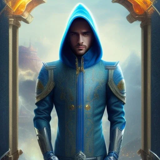 handsome hooded male mage with steel blue floral and botanical men's suit details, sharp eyes, mixed gemstones, magic, intricate, high details