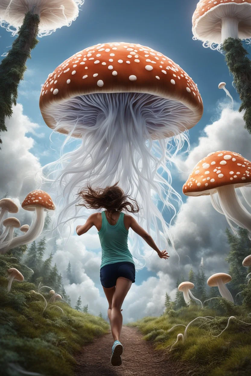 photorealistic girl running from a mushroom with jellyfish tentacles with tall narrow cloud trees in the background