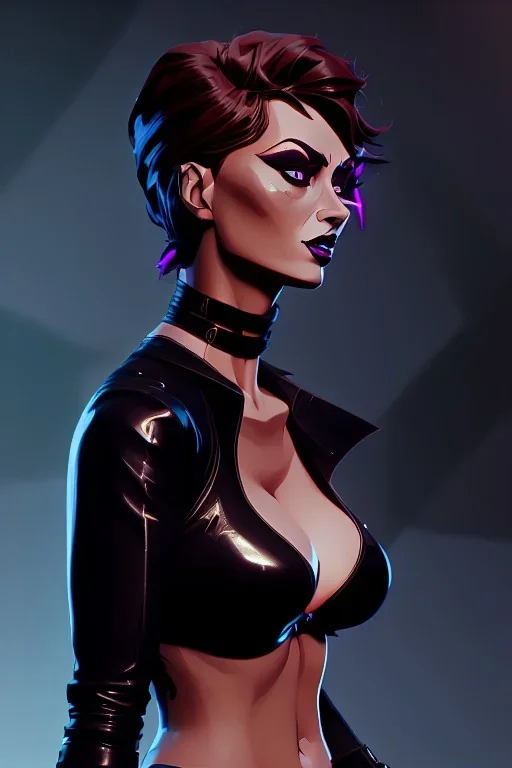 Sophia Loren dressed in shiny black leather, frank miller sin city, busty, cleavage, volumetric lighting, particales,highly detailed,cinematic, deep colours,8