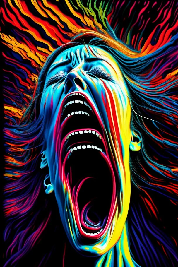 a woman screaming into the void and it screams back highly detailed vivid colours, her mouth wide open in terror, as she releases her piercing scream, the void responds in kind, reverberating with a deafening echo, the scene is filled with highly detailed, vivid colors that reflect the intense emotions, the vibrant hues create a surreal atmosphere, amplifying the sense of fear and anguish. this artwork captures the raw power of the woman's scream and the haunting response of the void, making it