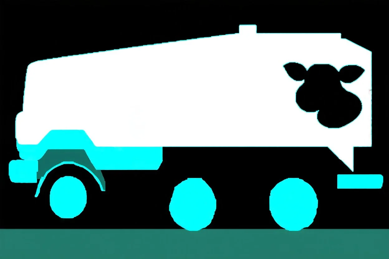 side view of a white fuel tank truck with black cow spots, illustration