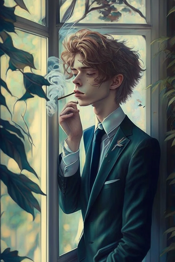 beautiful Twink boy with pretty hair. he is gay and smoking behind window while looking outdoor trees. His in a full official suit