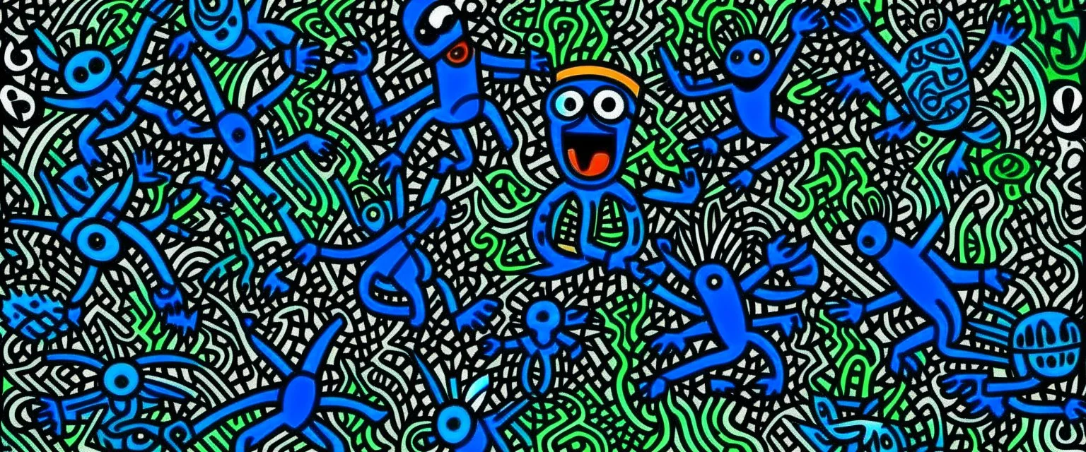 A dark blue haunted swamp of horror painted by Keith Haring