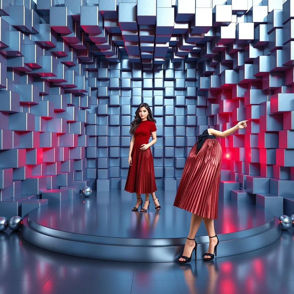 make a picture pretty stage made of metallic blue-gray teme 3d recursive cubic and sphere base structures and a beautiful fashion model lady posing with cute in black and white and the scene is in color,with dark red top and pretty pleated midi skirt ,makeup curvy long hair,dynamic camera zoom to full body and pan, dynamic lights.