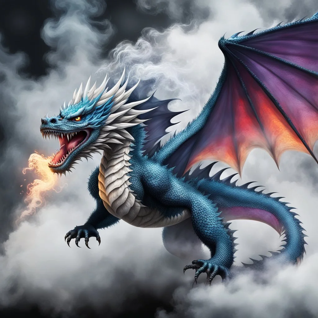 a sturdy colorful asian dragon with bat wings and curly white fur, smokey breath and fire, claws, spikes along back, a long tail, moving forward towards viewer, out of the smoke and mist, webbed wings, attacking