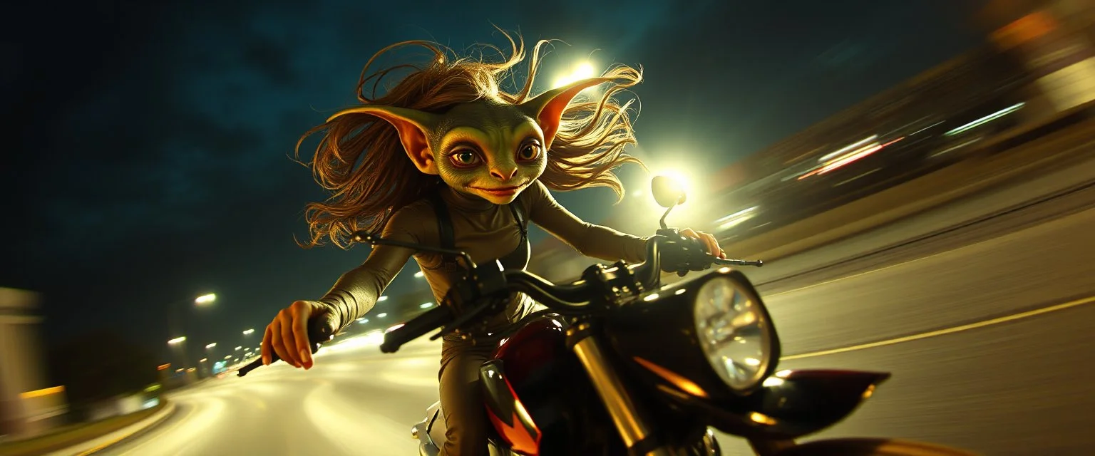 spy movie, fish eye lense, pin hole cam, master oil painting by Rembrandt, good afternoon bitch scary hot seductive high-elf gremlin spray painted female outline, riding sports bike with motion blur and smeared lights in the night, stylistic poster, in the style of total recall, huge bugrat in the background with wind blowing in the hair, high speed, intense eyes