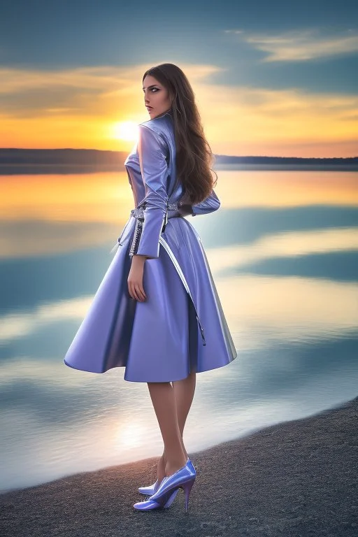 half body shot,realistic portrait of a 20-25 old caucasian model, long blue pink flowing hair, great grey eyes, blue leather jacket,full body, short white skirt,long legs,standing at beach of very nive lake with sunset ,clouds,godrayes