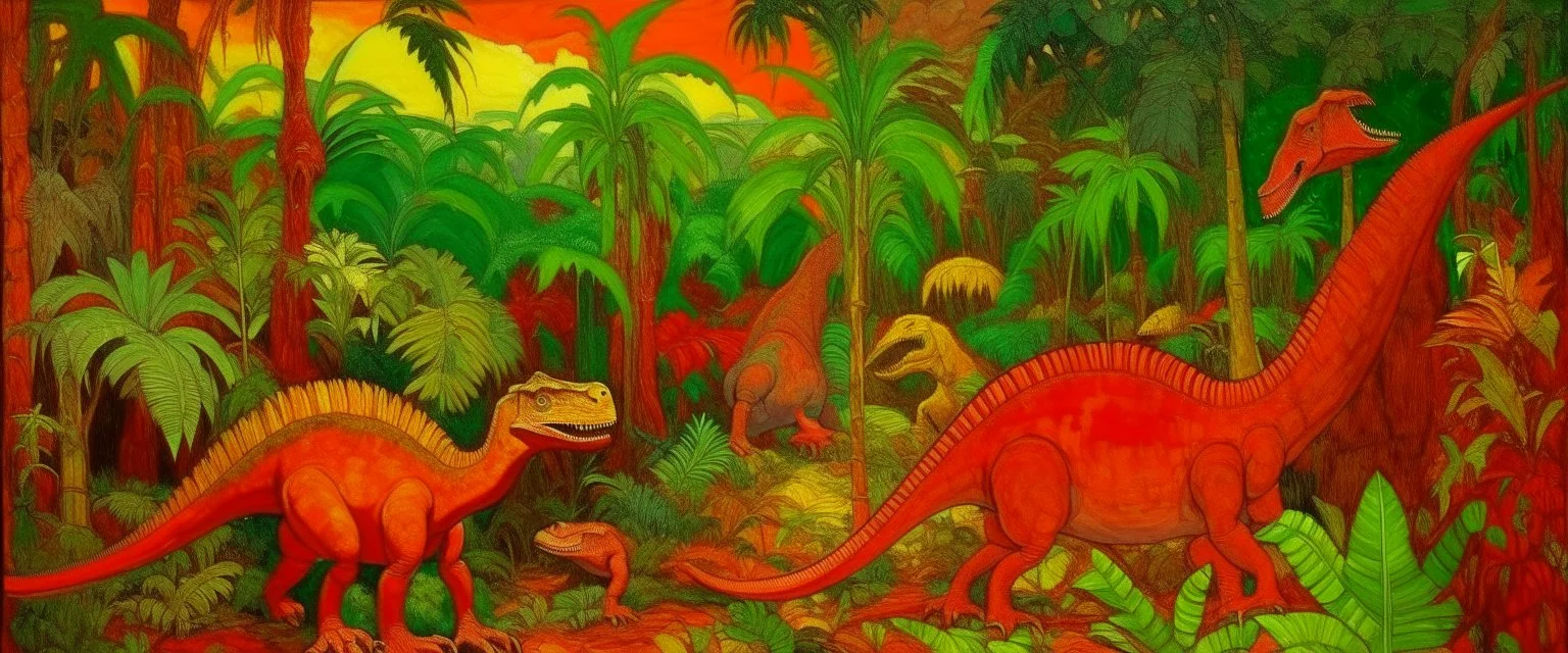 A reddish orange colored wild jungle with dinosaurs painted by Vincent van Gogh