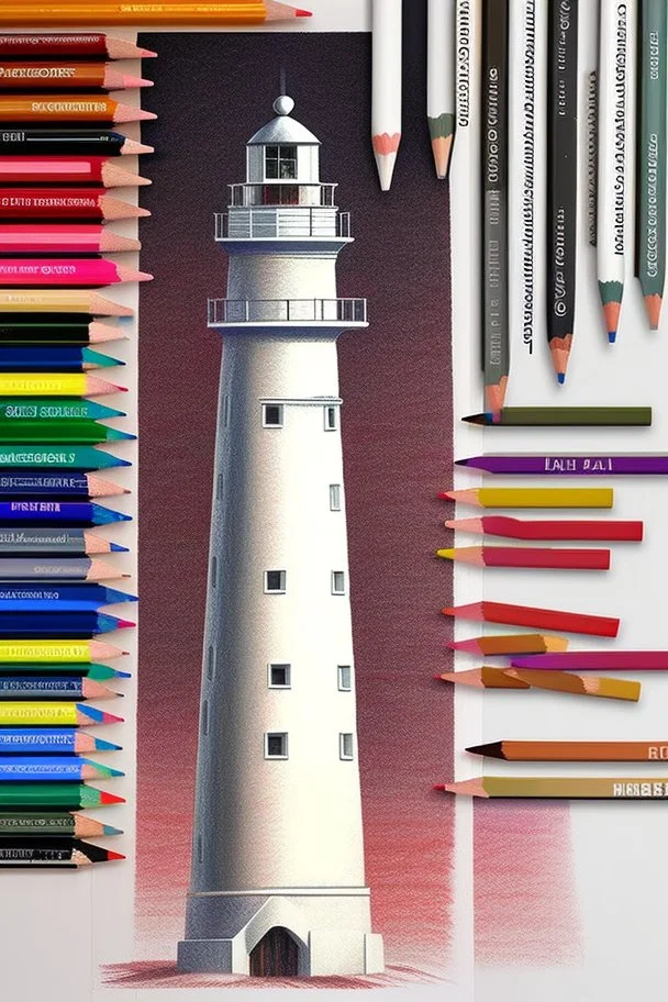 Realistic drawing with colored pencils of lighthouse on a white background