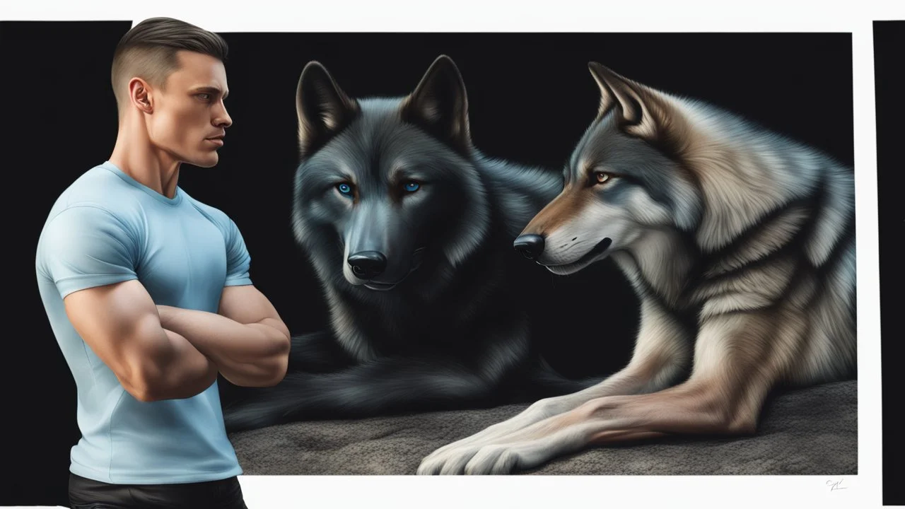 ultra realistic photograph of a muscular male with short dark hair and pale blue eyes wearing a tkg black teeshirt facing a large black wolf