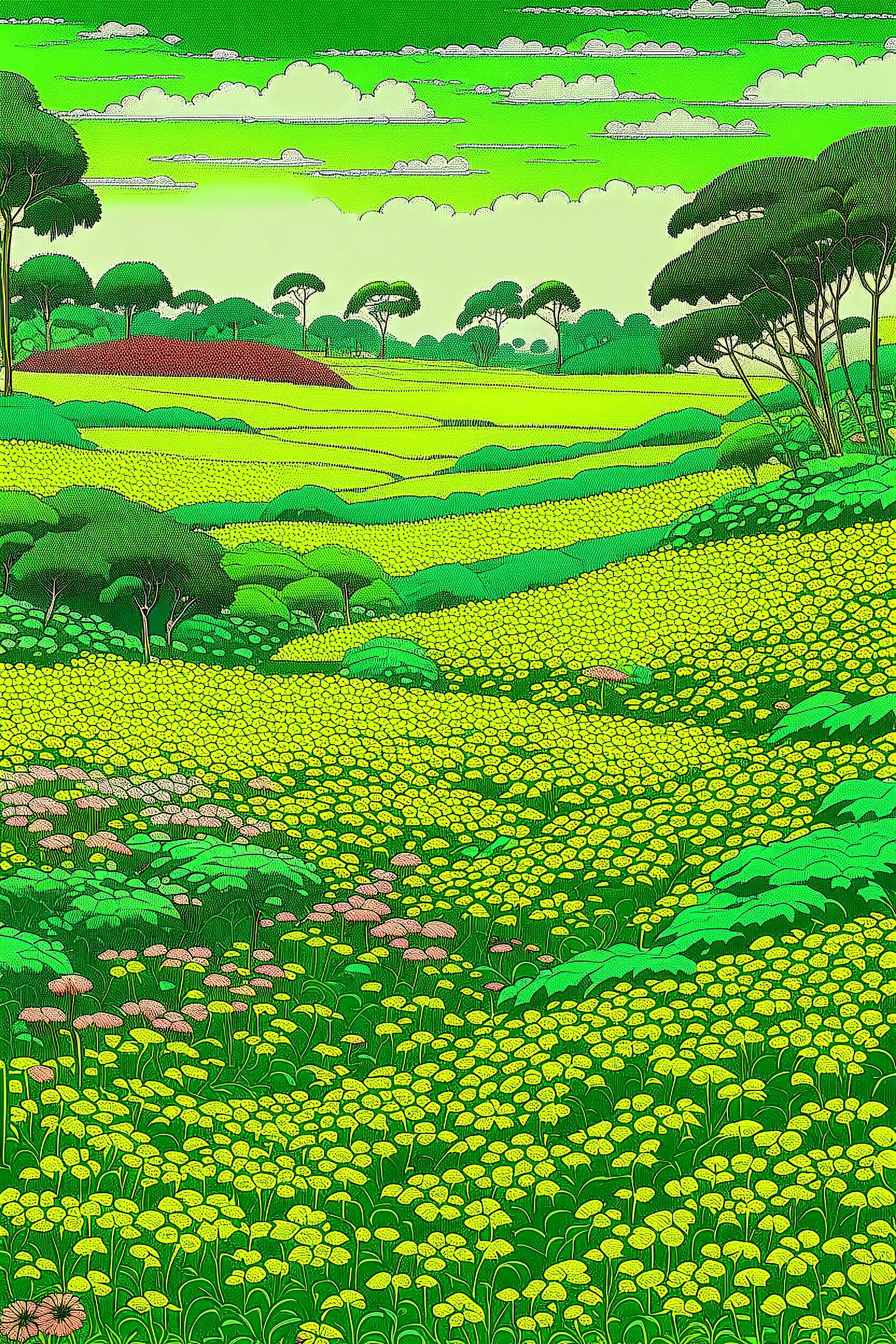 A lime green field filled with flowers painted by Utagawa Hiroshige