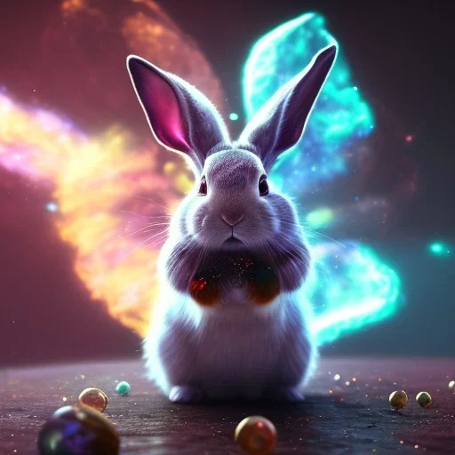 galaxies, spirals, space, nebulae, stars, smoke, iridescent, intricate detail, in the shape of a rabbit, fur wearing color diamonds, octane render, 8k, --q 2 --ar 2:3 --uplight