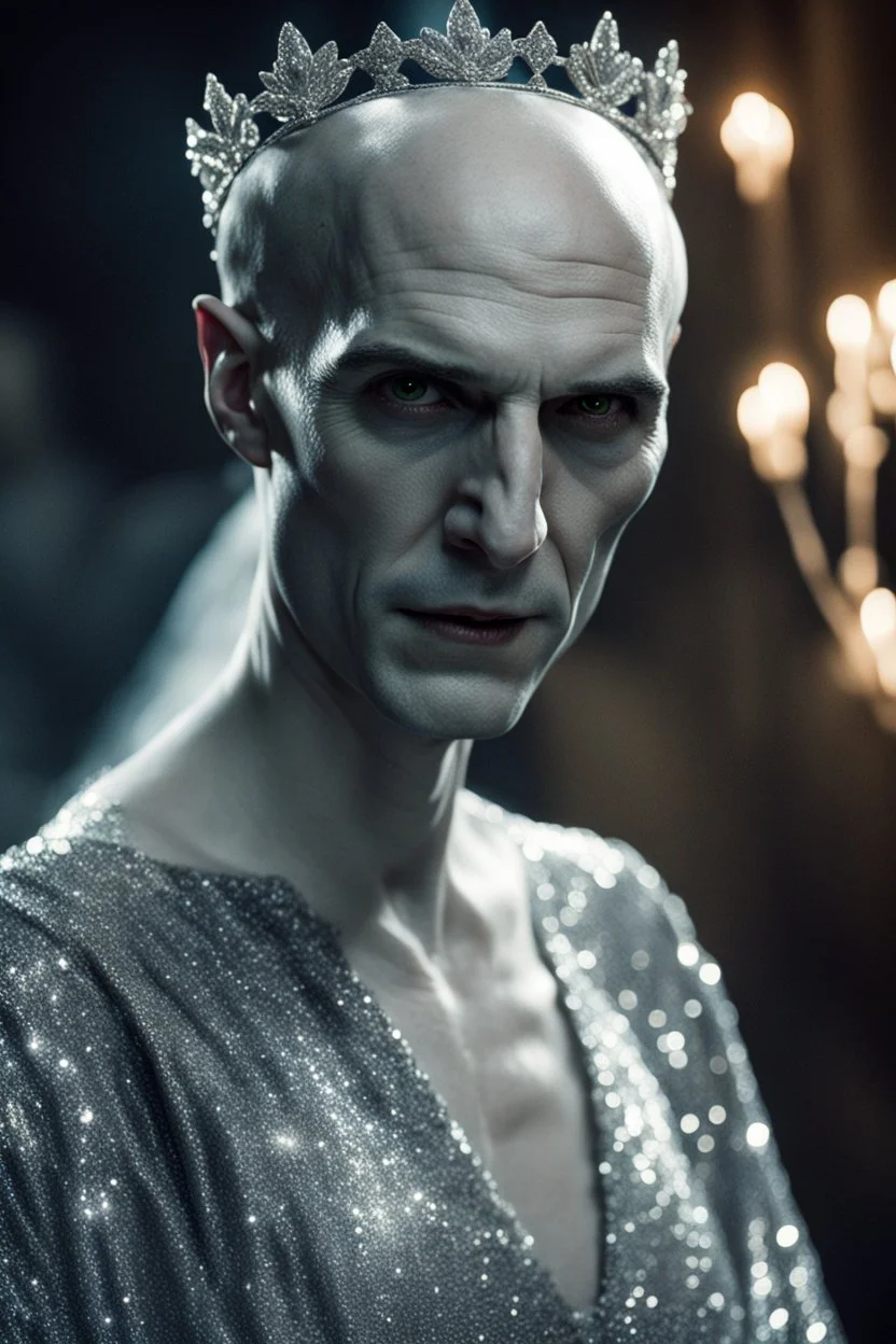 Voldemort looking pretty in a sparkly dress and tiara