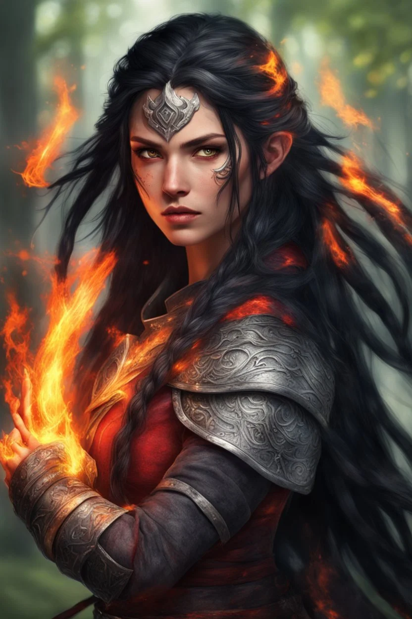 Generate a photo of a formidable druid. Picture a female with long black hair, half braided and half down, featuring a fiery element. She wears light armor, eschewing heavy protection as she harnesses fire and magic in battle. A prominent scar marks her face, a testament to past conflicts. Visualize her conjuring fire from her hands, with big, bright red eyes that resemble a fiery glow. The skin is tanned brown, portraying a warrior with strength and elemental mastery.