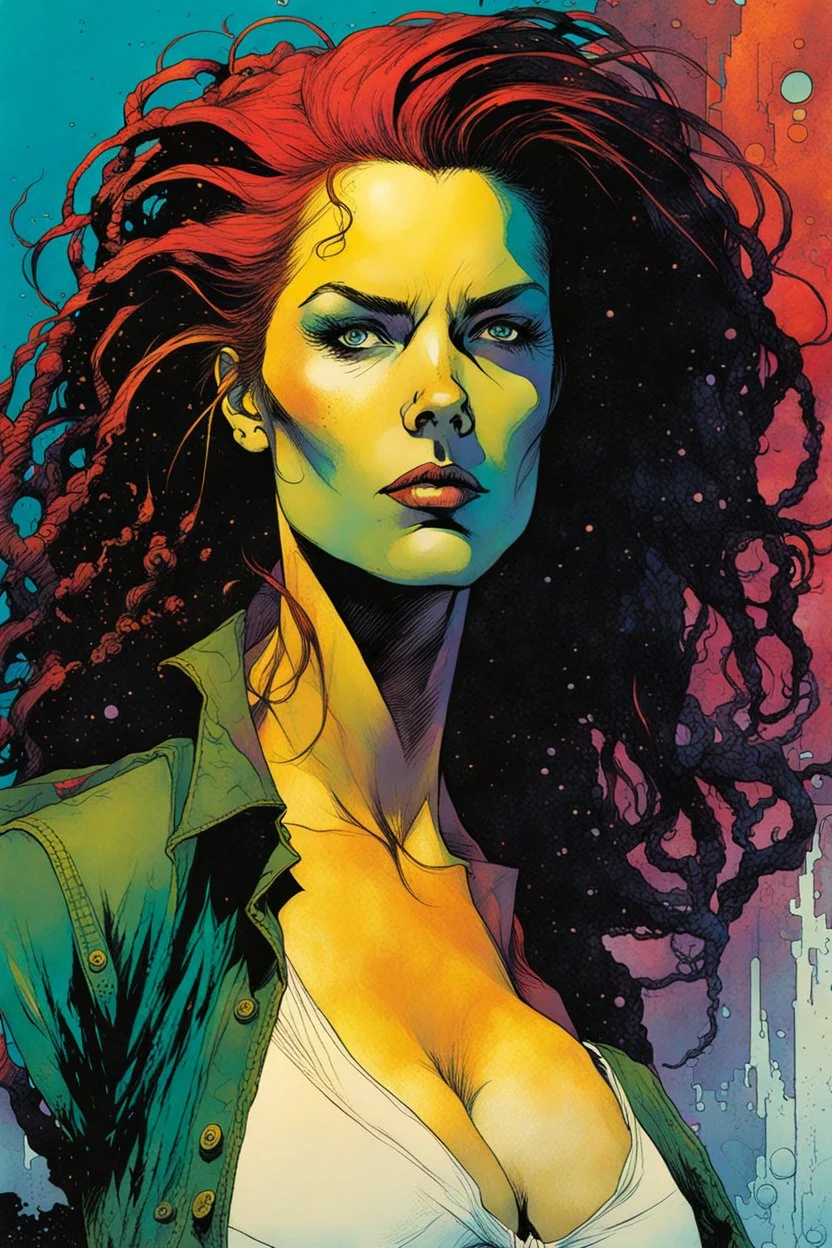 create an imaginative female Venetian pirate with finely detailed facial features, short dreadlock hair, in the comic book art style of Bill Sienkiewicz, Mike Mignola, and Jean Giraud Moebius, finely textured, drawn, colored, and inked