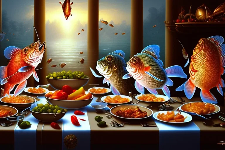 supper, fish sit at the table and eat pieces of people.