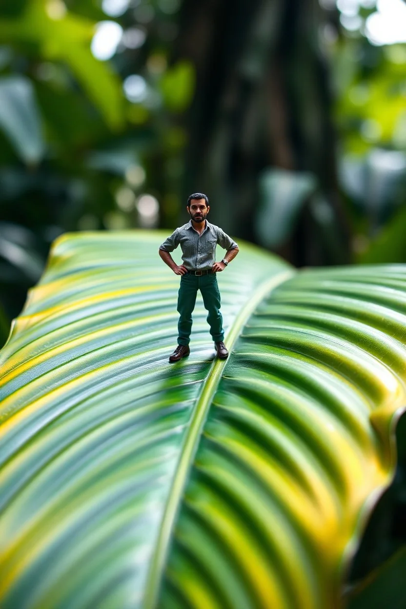 A tiny man, approximately 6 centimeters tall, standing heroically on a large, iridescent green tropical leaf. The scene captures the man in a confident, upright pose, with detailed facial features and clothing that highlight his small stature. The tropical leaf is lush, with vibrant shades of green and subtle iridescent sheen reflecting light, emphasizing its glossy texture. The background features a softly blurred jungle environment with dense foliage, diffused sunlight filtering through the ca