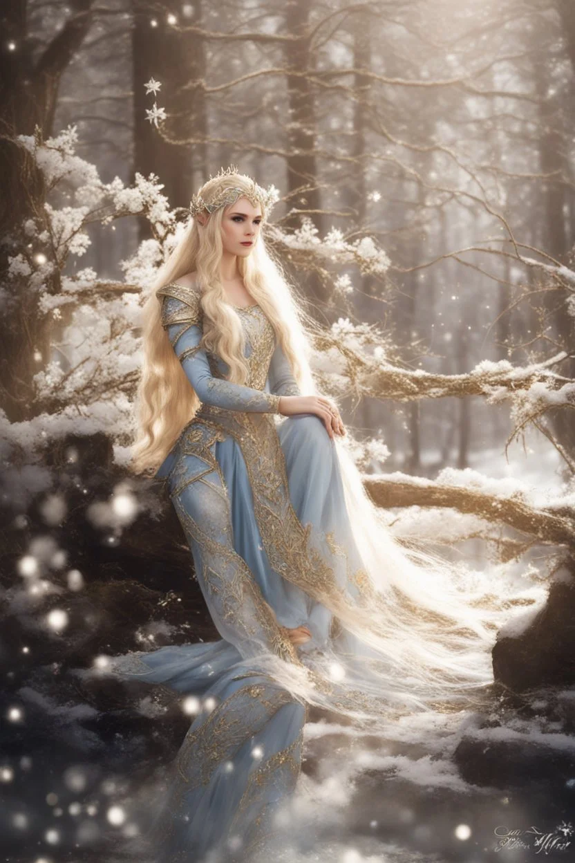 Elven princess,elven crown,long white blonde golden hair,rapunzel hair,ice flowers,beautiful,light blue,dark blue,golden armor,sparkle,glitter,ice flowers,snow,elven ears,dark fairy princess