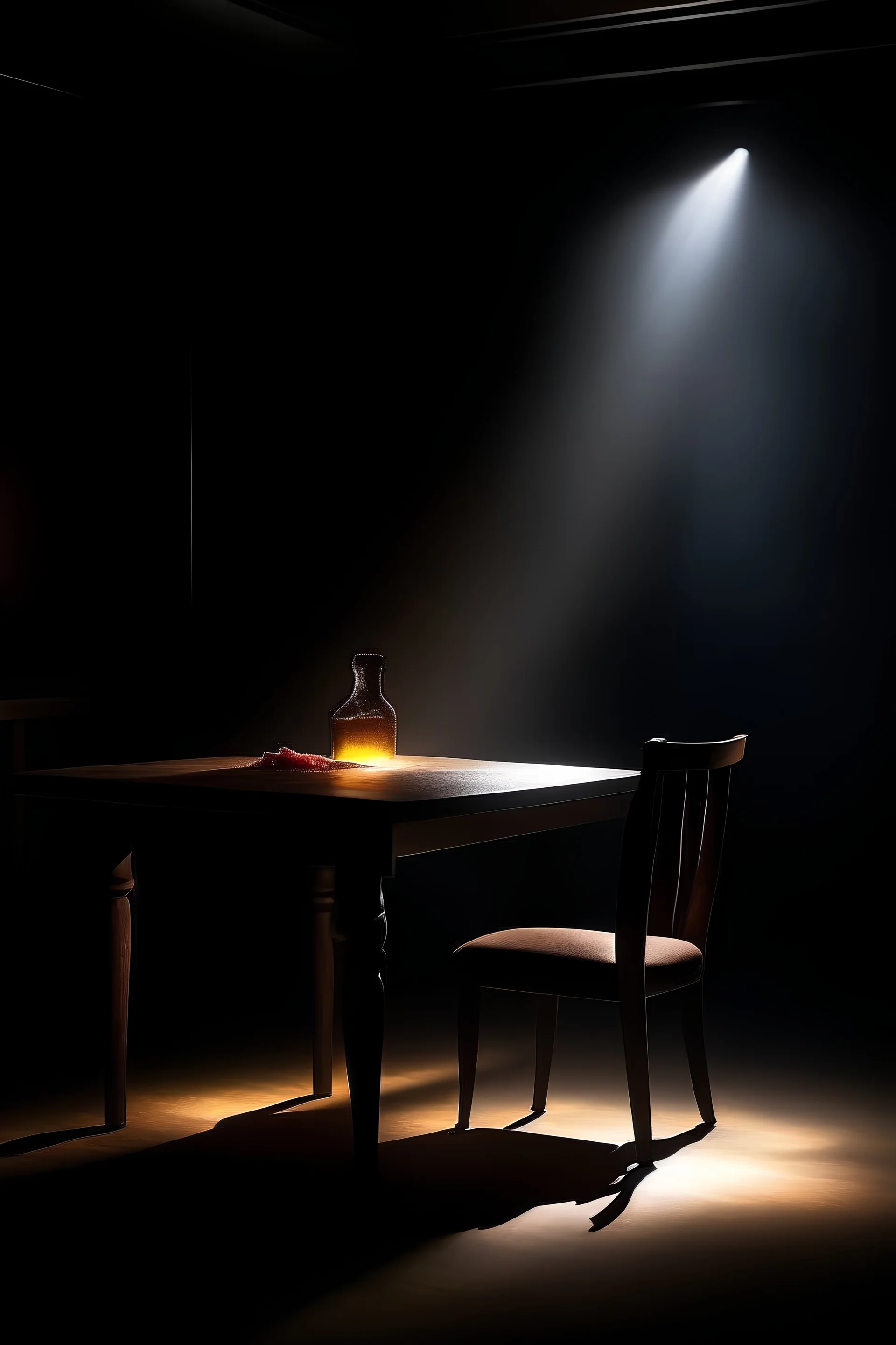 well done hot steak on a small table in a dark empty room with fork stabbed in the middle of the steak with a theatre spotlight on it with lightening striking
