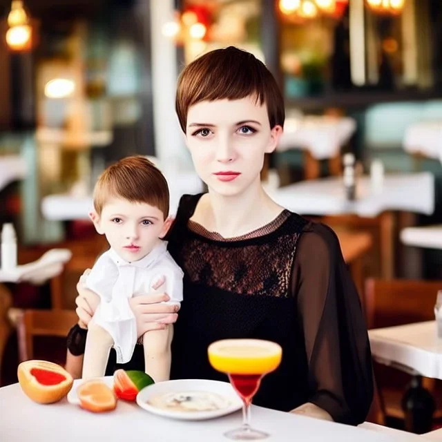 Russian guy boyish boylike short man's haircut boyish features in black girlish lacy cocktail dress as mother in restaurant