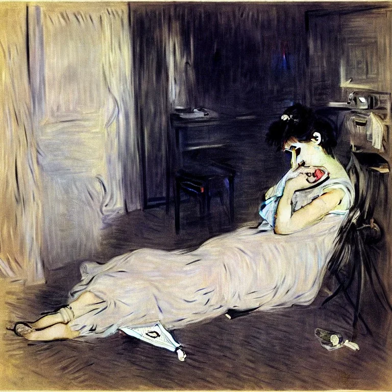 depressed woman typing at a smartphone laying on the floor of a dark bedroom, by berthe morisot