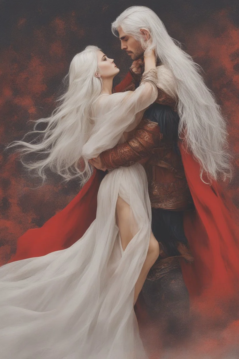 Couple from dnd passionate kiss, woman with white hair wearing a dress, man with long black hair tunic and red cloak.