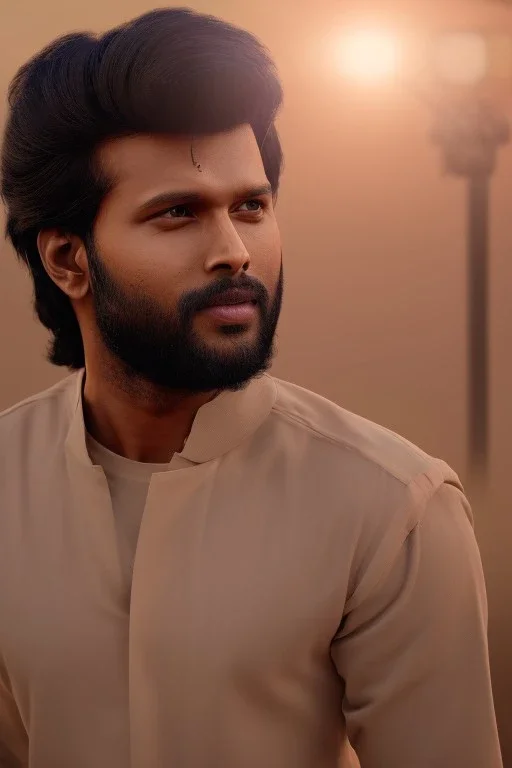 Indian actor Vijay Deverakonda, by Mahmoud Sai, Cartographic, Circuitry, Golden Hour, Closeup-View, 16k, Lumen Global Illumination, Diffraction Grading