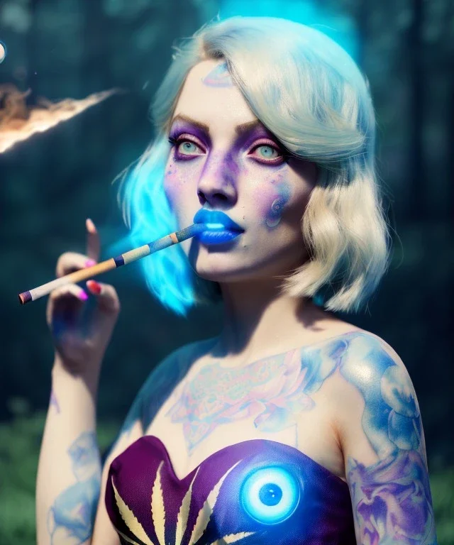 Ultra realistic wonderland photo, happy blonde woman smoking a shisha, blue dress, big purple-cat friend, circus dress style, old school tattoo, smoke, marijuana garden, glow eyes, perfect iris, soft color, highly detailed, unreal engine 5, cinematic, ultra detail, volumetric lighting, high definition.