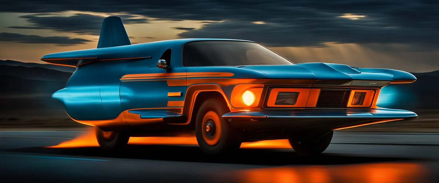 A national geographic award winning photograph of a military fighter jet station wagon elephant hybrid bilaterally symetrical designed by skunkworks, only one vehicle per image painted metallic orange traveling at a high rate of speed, jet intake off of front center of vehicle and jet exhaust out the rear with bright blue flame soviet retrofuturism, taken from drivers side front at a angle from up and to the rear