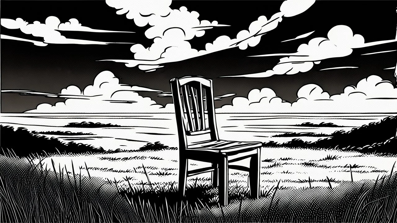 broken wooden chair, anime, monochrome, black background, ink, simple, maximum quality, broken hinge, barely functioning, centered on frame, far view, in the middle of a grassy hill, white sky with cumulonimbus