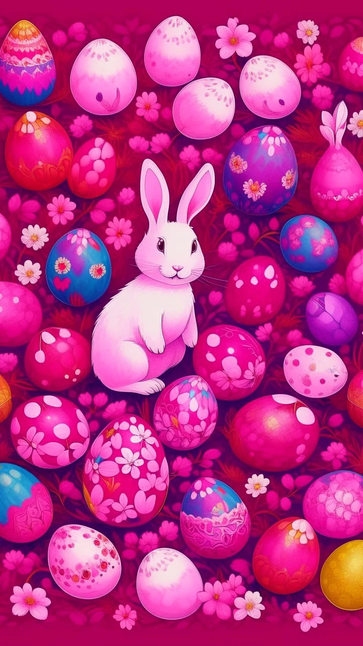 A purplish magenta Easter themed plain with eggs and bunnies painted by Qiu Ying
