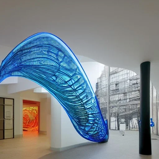 10 Grenelle, biomorphic structure, bioluminescence, centrepiece, London , interior design, Les Echos, Le Parisien, LVMH, media division, minimalist, office environment, parametric sculpture, Paris, refined details,staircase,colorful ,lights , masterpiece of Ora Ito mixed with Asaf Hanuka