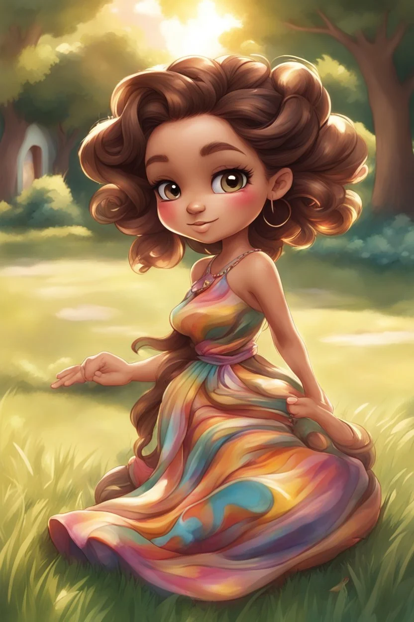 An airbrushed chibi black cartoon of a curvaceous woman with flowing brown hair twisted up, wearing a colorful maxi dress. She sits relaxed on the grass facing the warm sunlight, which illuminates her face as she looks to the side with a small smile, accentuating her prominent makeup and brown eyes.