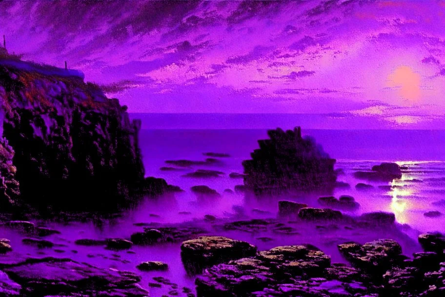 purple sky, rocks, cliffs, sci-fi, friedrich eckenfelder impressionism paintings