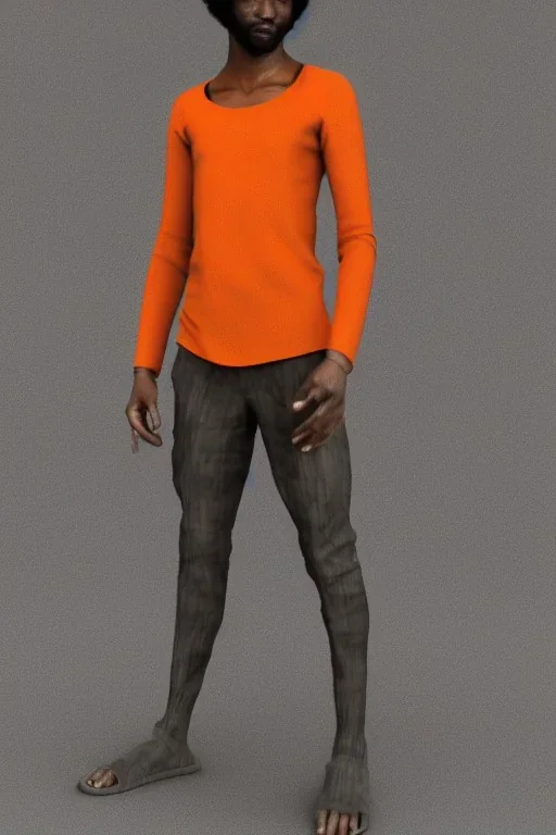 3D render of a cyberpunk tribal young black man, black afro hair, ragged shirt, on a orange dune background, digital art