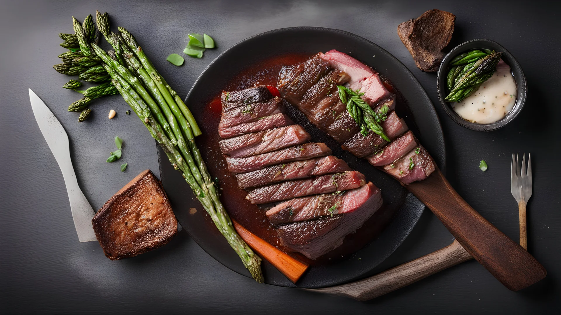 Medium rare grilled Tomahawk beef steak with asparagus. Flat lay with copy space