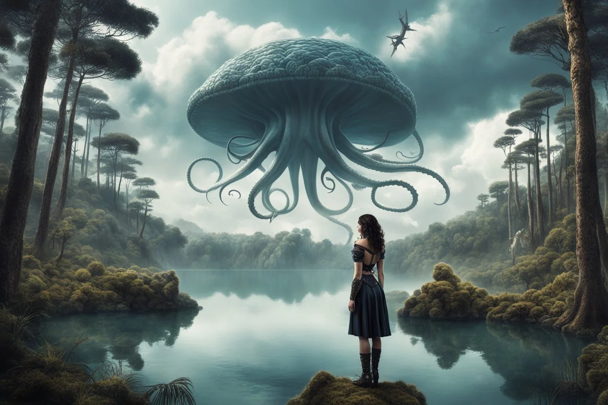 A skinny woman with a Cleopatra hairstyle, short skirt, and knee-high boots, looking out over a lake, in an alien forest, with tall cloud trees, flying Portuguese men of war with octopus tentacles