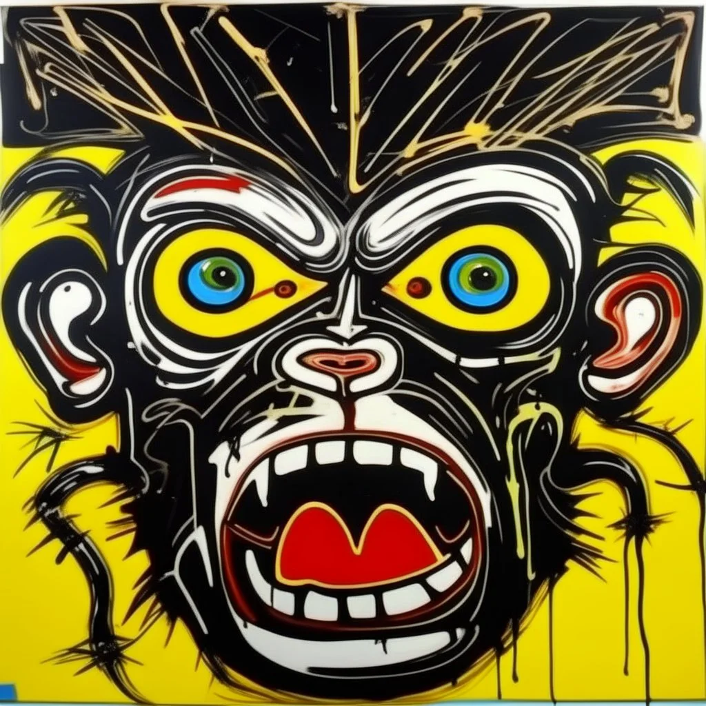 angry monkey face, by Jean-Michel Basquiat and Andy Warhol, acrylic painting