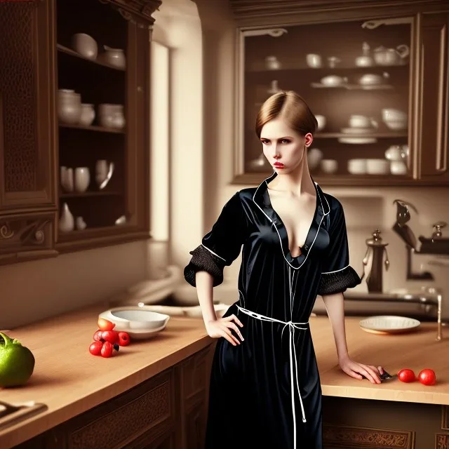 Russian shorthair beautiful 20-years guy boyish boylike wide hips in black girlish nightgown in kitchen