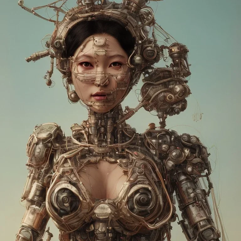 a wonderfull japanese, big boobs, ultradetailed fine art photo of a cybernetic futuristic cyborg bride wearing a boho headpiece, by tom bagshaw and simon stalenhag, embroidered lace chapel veil, portrait, 5 0 mm lens, golden ratio composition, detailed face, studio photography, very detailed, humanoids, industrial robotic alloy armor, masterpiece, artstation, 8 k, highly coherent