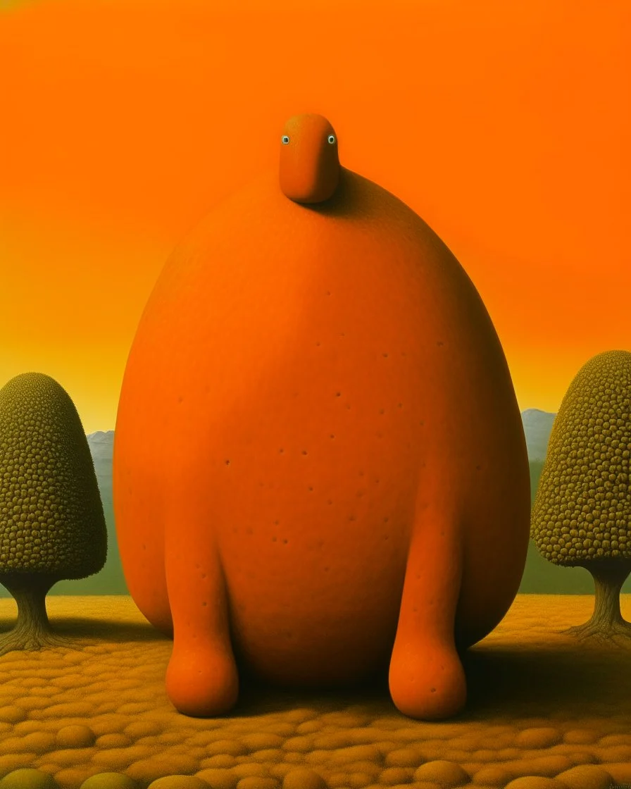 An orange colored earth elemental mole painted by Rene Magritte