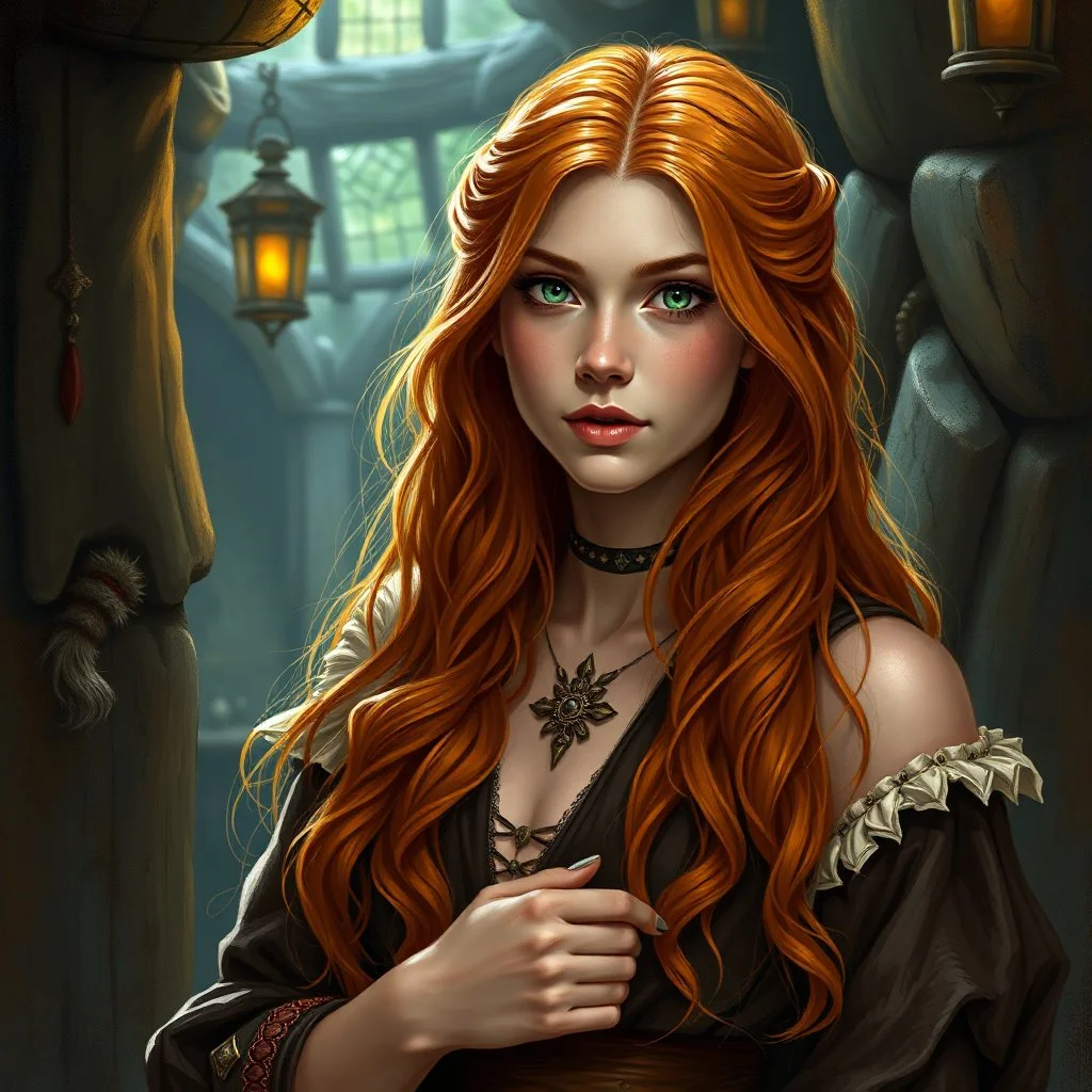 a beautiful tavern wench woman, young, long ginger hair, medieval, cool colours, fantasy art