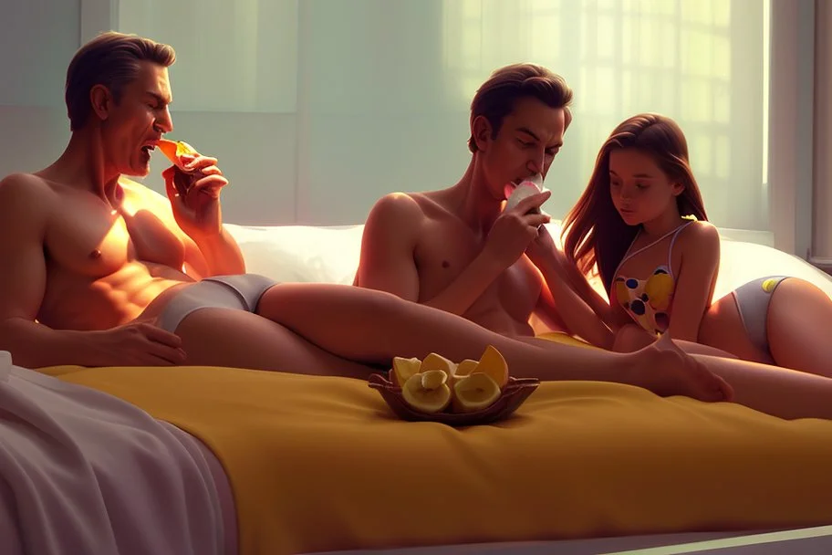 Digital painting of dad and two beautiful young teenage girl in a swimsuit on a bed. eating a banana. with dad, artstation, 8k, extremely detailed, ornate, cinematic lighting, vivid.