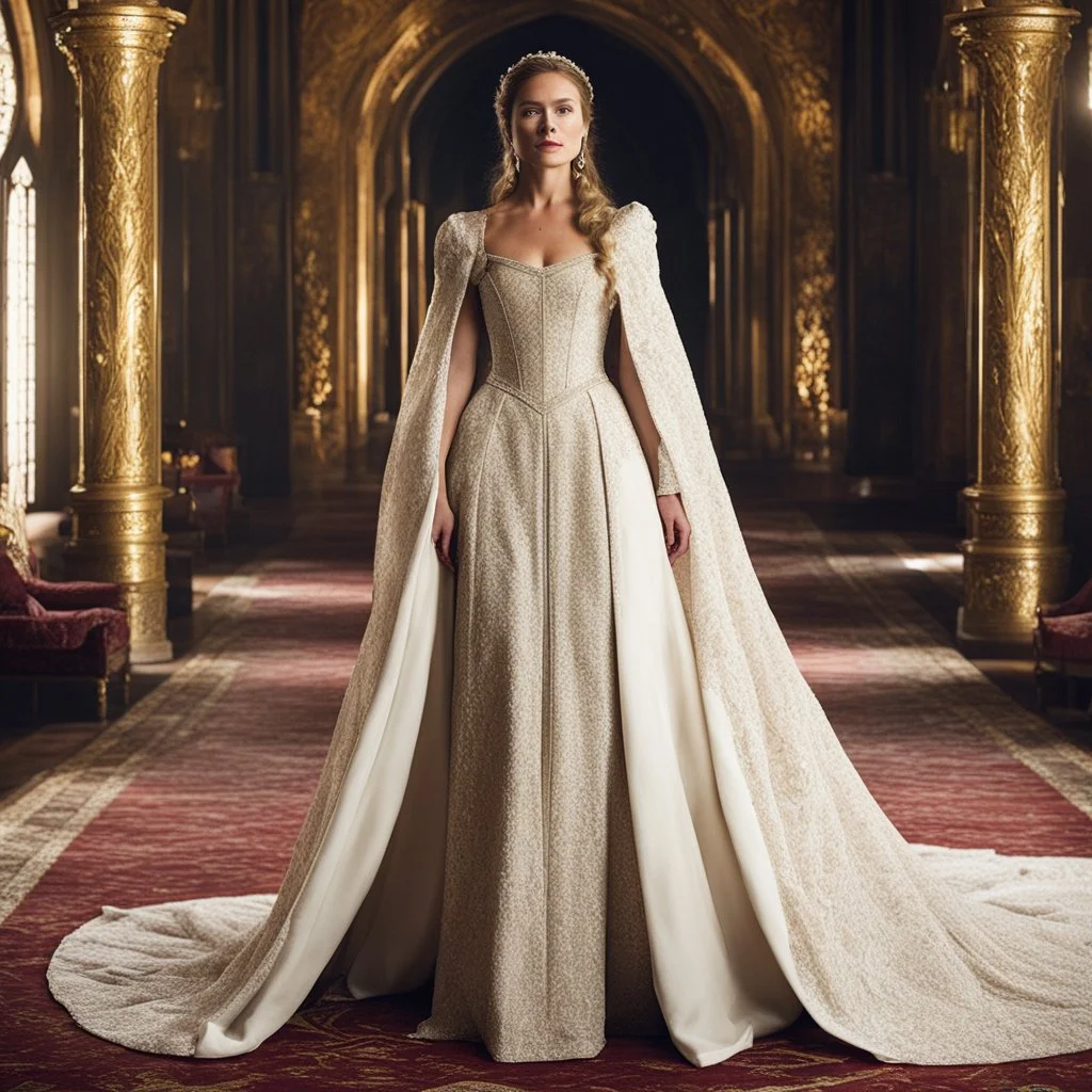 [game of thrones, queen 40 years old] In the grand throne room of Castle Evermoor, Lady Genevieve embodies grace and elegance, her poise matching that of her husband. Her flowing gown of rich fabric accentuates her beauty, and her eyes sparkle with a mix of intelligence and a gentle warmth that belies her strength. Though she may not hold a position of formal power, her insights and counsel are highly valued by Baron Cedric.