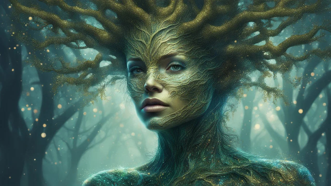 tree woman, digital painting, glitter, clean lines, detail, fine rendering, high resolution, 4K, photorealism, sharp focus, double exposure, fantasy,