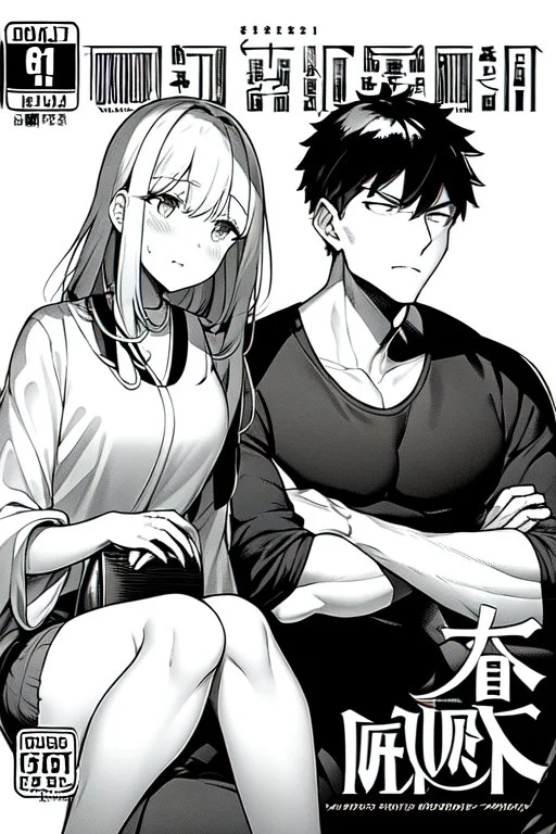 manga chapter cover, a boy is sitting on the ground next to a girl, greyscale